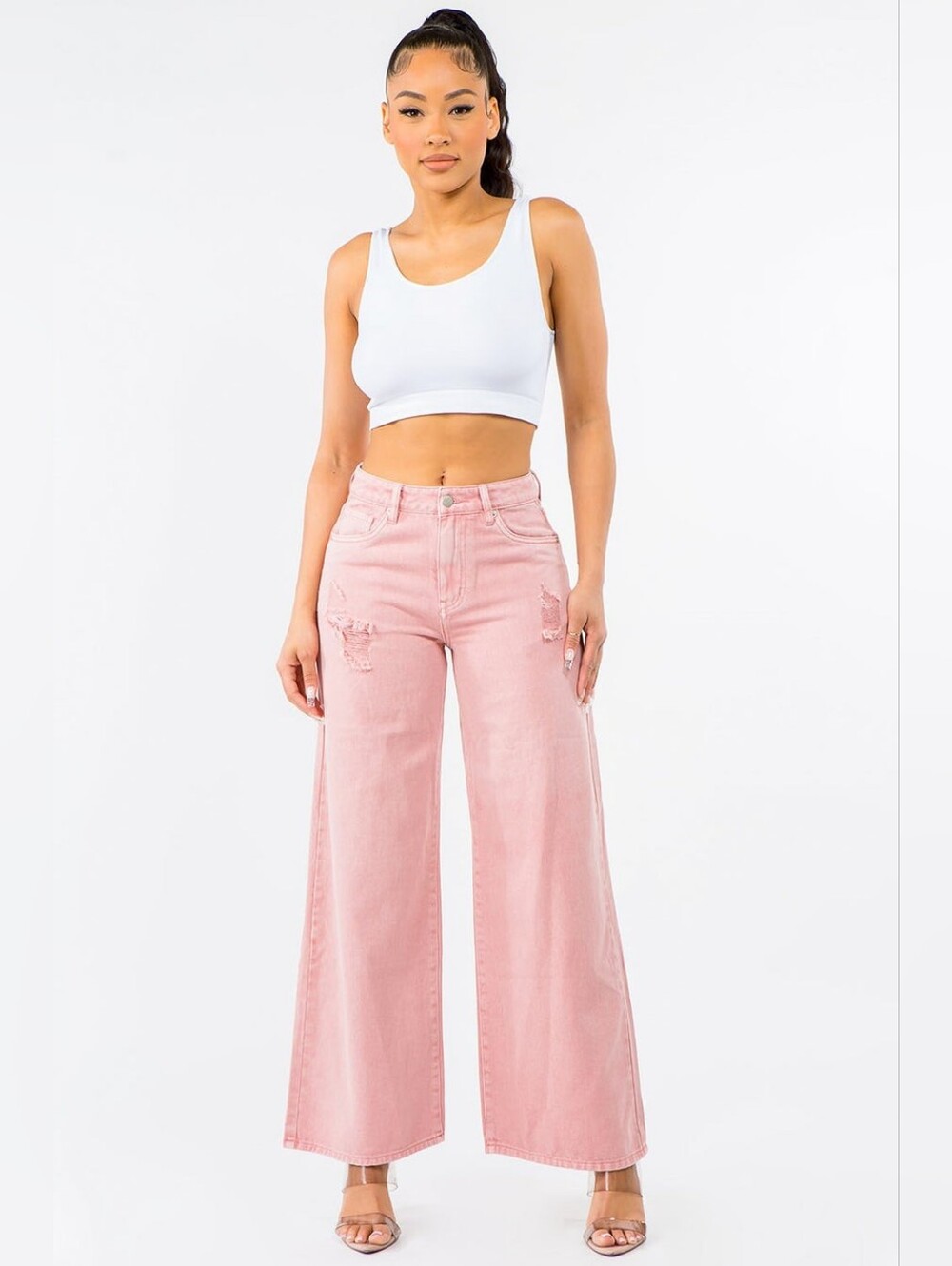American Bazi Los Angeles Pink Wide Leg Distressed Jeans NWT Size 13